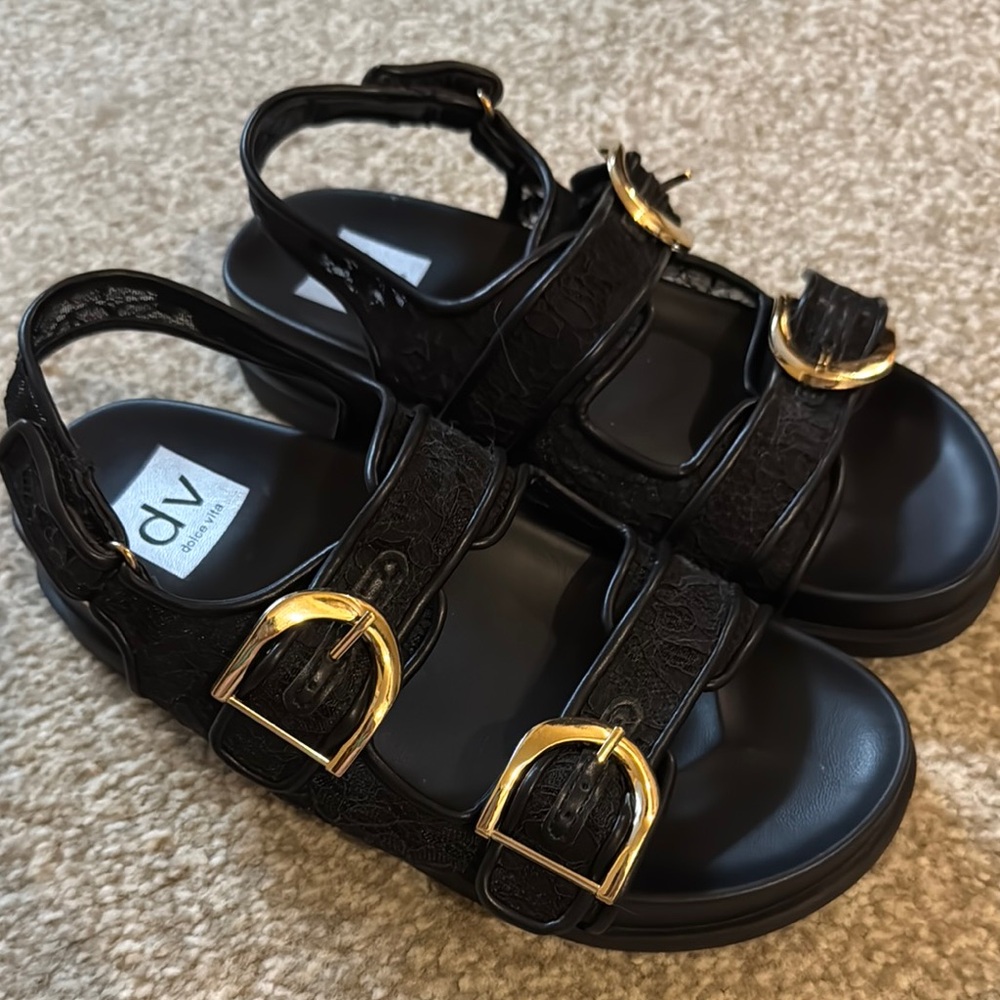 Dolce Vita Black Sandals with Gold Buckles